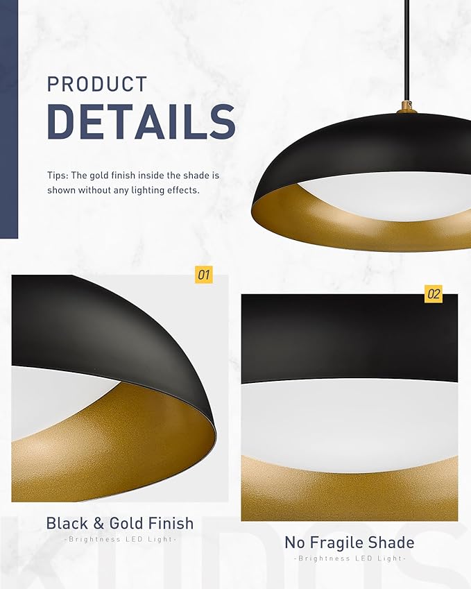 kudos 15 Inch Large LED Pendant Lights, Black and Gold Pendant Light Fixtures, Modern Hanging Lights for Kitchen Island, Dining Room, Living Room, Bedroom, 5CCT Adjustable, KDPL02-BK