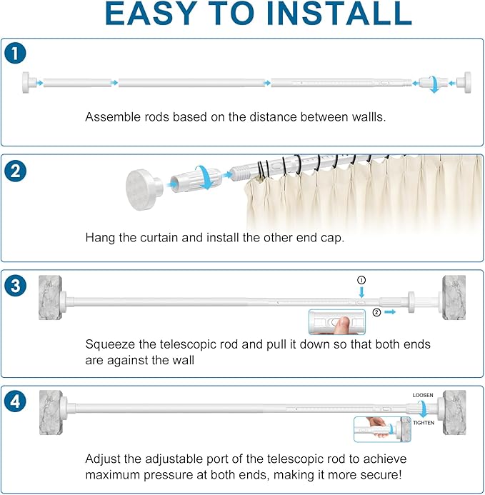 AIZESI 41-118 Inch Heavy Duty White Tension Curtain Rod - No Drilling, Adjustable, Rust-Proof for Outdoor, Living Room, Bathroom