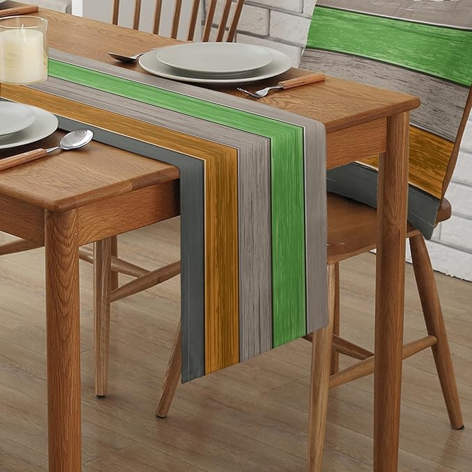 Farmhouse Cotton Linen Table Runner Extra Long 108 inches- Urbane Bronze Retro Rustic Barn Wood Texture Ombre Brown Orange Green Non-Slip Rectangle Settings Decor for Kitchen Home Dining Holiday