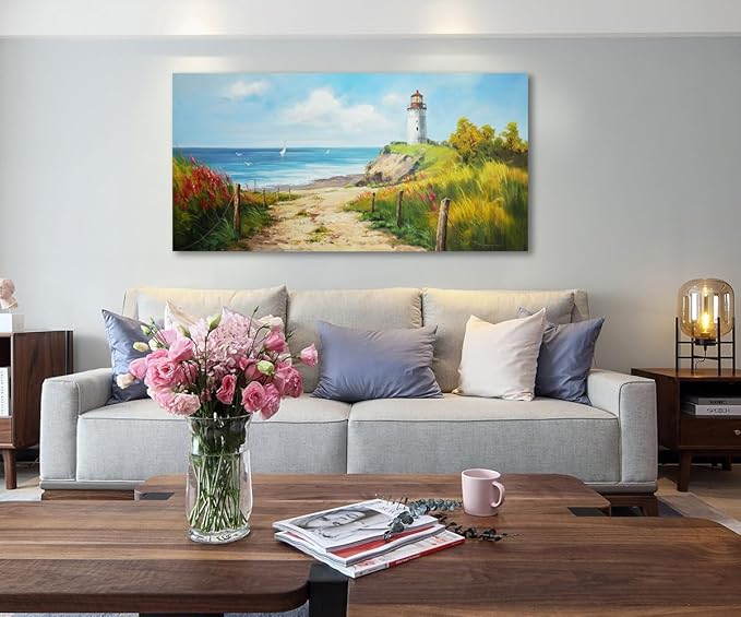 Acocifi Blue Coastal Wall Art Lighthouse Picture Nature Fall Landscape Ocean Beach Seascape Canvas Painting, Textured Artwork Large Framed for Living Room Bedroom Bathroom Office Home Decor 58"x29"