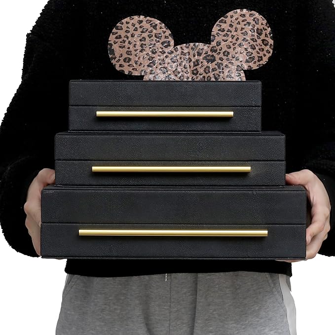 Faux Shagreen Decorative Storage Boxes – Set of 3 Stackable Jewelry Organizers with Gold Metal Handles & Velvet Lining, Modern Black Box for Vanity, Entryway & Coffee Table Décor