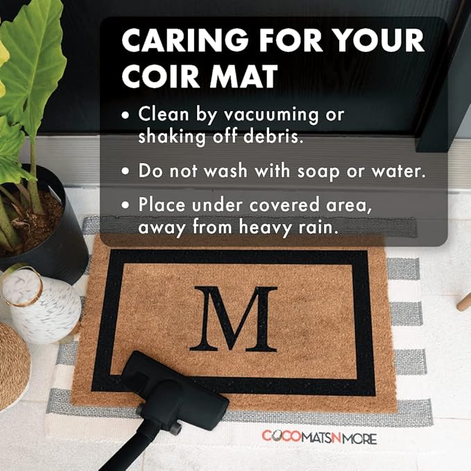 Coco Mats 'N More Black Single Bordered Monogrammed Coco Doormat 18" x 30" with Vinyl Backing | Personalized Door Mat for Home Entrance | Tough Coir Bristles Cleans Dirtiest Shoes | Housewarming Gifts