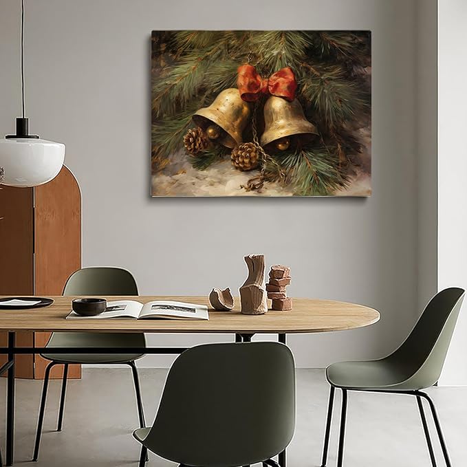 Gold Bell Print Christmas Wall Art - Rustic Jingle Bells Vintage Oil Painting - Winter Holiday Home Fireplace Decor - 24x36 Inch Framed