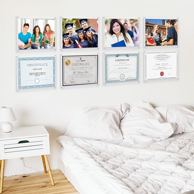 Kalami 3 Pack 8.5x11 Acrylic Wall Mount Picture Frame Self Adhesive, Floating Frameless Clear Frame for Photographs Artwork Diploma Certificate or A4 Letter Document Display- Full Frame Size 10x12.6