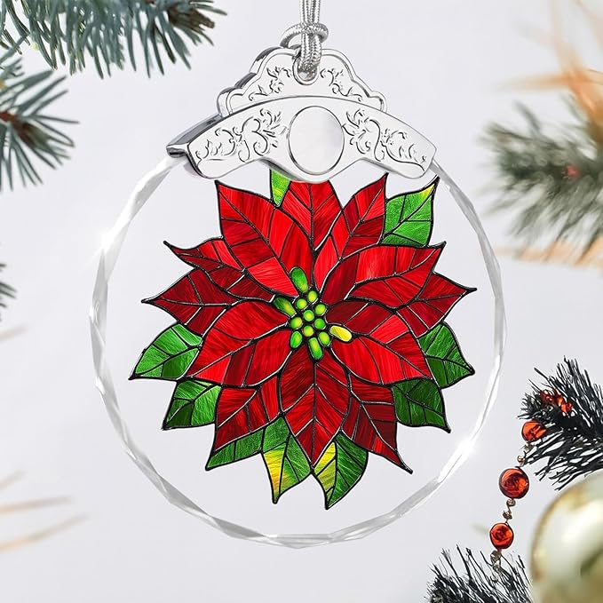Christmas Ornaments - Poinsettia Stained Glass Ornament - Xmas Decor - Ornaments for Christmas Tree - Holiday Presents - Gift Exchange Ideas - Car Hanging Decoration - Wine Bottle Decor