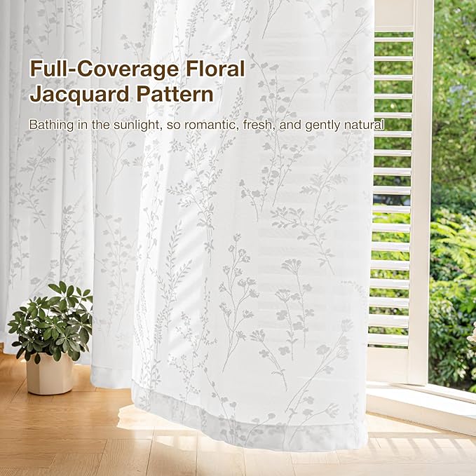 Anmao White Semi Sheer Light Filtering Curtains 90 Inches Long 2 Panels, Flower Pattern Drapes for Living Room Bedroom, Rod Pocket Sheer Window Treatments with Floral Design, 52x90 Inch