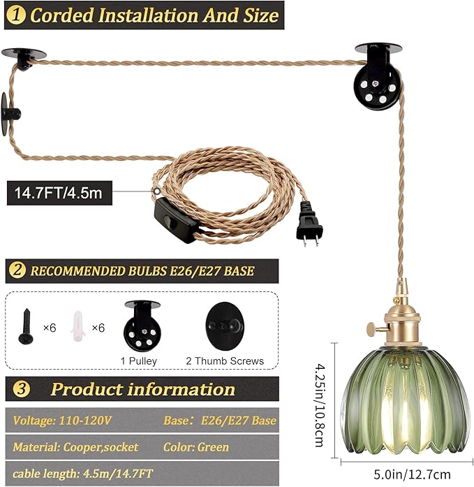 Plug in Pendant Light Hanging Light Fixture Corded On/Off Switch Brass Pendant Light with Green Tulip Glass Lampshade for Bedroom Living Room Kitchen Island
