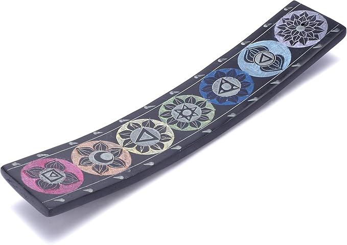 Ajuny Soapstone Incense Holder for Sticks Incense Cone Burner with Ash Catcher 7 Chakra Tray Strip Heat Resistant Yoga Meditation Spiritual Home Office Spa Hotel Fragrance Gift (Black,10 x 2 Inch)