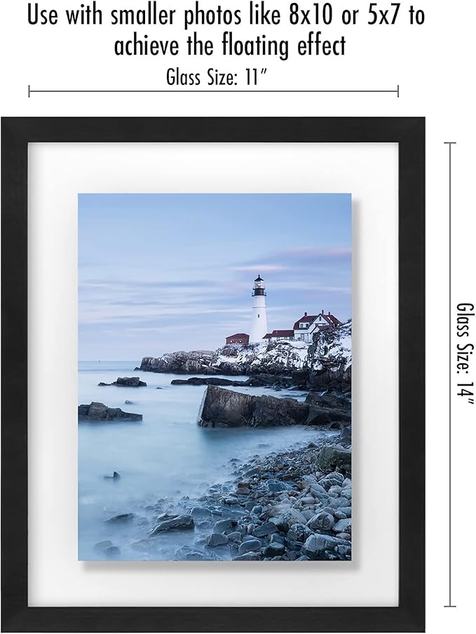 Americanflat 11x14 Floating Picture Frame with Polished Crystal-Clear Glass - Use as 8x10 Picture Frame or Display 5x7 Photo - Signature Float Collection - Photo Frames for Wall Display - Black