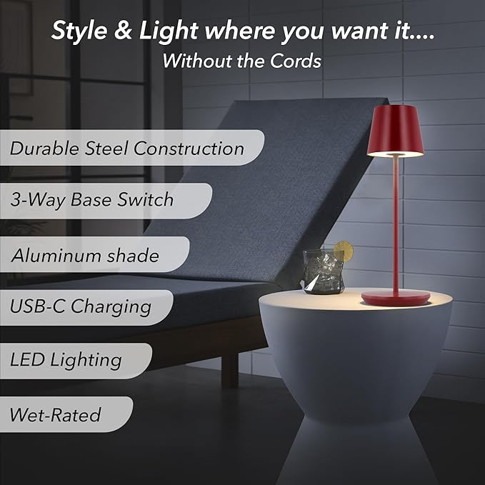 Generation Lighting Mena Accent Rechargeable Table Lamp – 14.5” Dark Red Steel Lamp with 3-Way Base Switch, 2.4W Up/Down LED at 2700K, 260 Lumens, USB-C, Wet Rated (8000701-211)