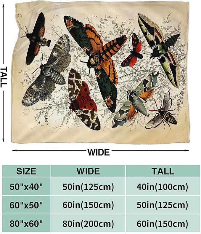Tijuboni Moth Insect Throw Blanket Moth Gifts for Girls Women Boys Men Kids Adults Soft Flannel Fleece Blanket for Couch Sofa Bed Home Decor 50"x60"