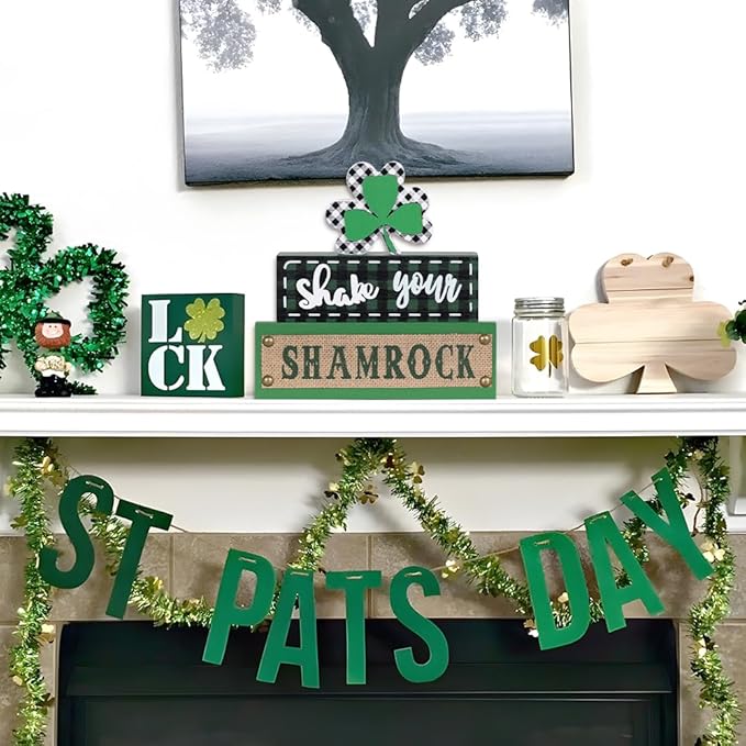 St Patricks Day Decorations, MEETYAMOR 3-Layered Shamrock Wood Block St Patricks Day Decor, Shamrock Ornaments Shake Your SHAMROCK Sign Saint Patricks Day Decorations for the Home, Table, Mantel