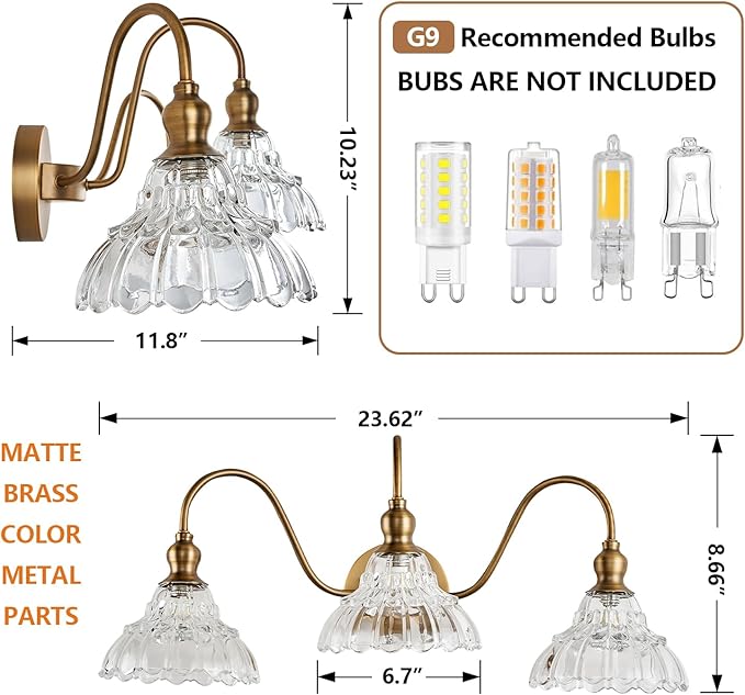 Vintage 3-Light Wall Sconces Modern Brass Bathroom Vanity Lighting Fixtures Glass Retro Vanity Light for Bedroom, Bathroom, Doorway, Foyer, Hallway Light