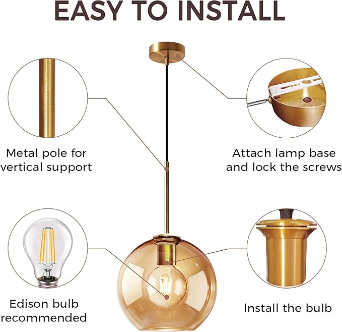 Amber Glass Pendant Lights Kitchen Island Lighting Globe Pendant Light Fixtures Modern Pendant Lighting for Kitchen Island Bedroom Living Dining Room Light Fixture(7.9in, 3-Pack)