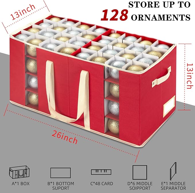 JY COOKMENT Christmas Ornament Storage Box with Adjustable Dividers, Large Holiday Ornaments Storage Container Bin with Zippered Top for Xmas Decorations (128-3" Balls, Red, Without Tray)