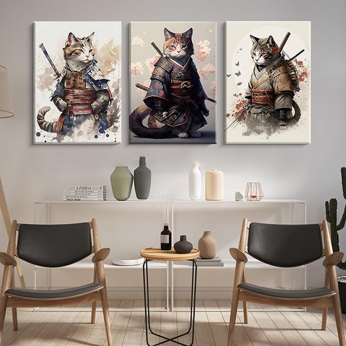 Japanese Cat Wall Art Poster Samurai Cat Canvas Wall Decor Japanese Anime Painting Asian Wall Art Funny Prints Black Cat Pictures Vintage Artwork for Living Room Bedroom 12x16x3 Inch Ready to Hang