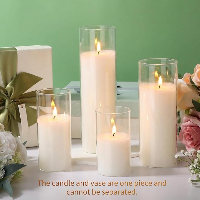 Shihanee Set of 24 Pillar Candles and Glass Cylinder Vases Assorted Sizes Clear Cylinder Holders for Pillar Candles Home Table Centerpieces Wedding Party Decorations (Multiple Sizes,White)