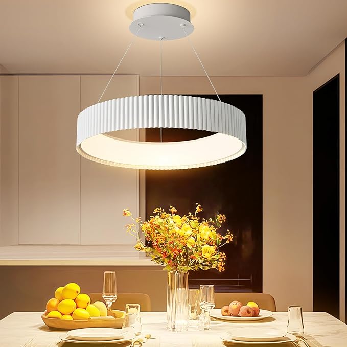 Modern LED Chandelier-18.5" White Dimmable Circular LED Pendant Light 1 Ring with Remote, Round Hanging Light for Kitchen Island, Dining Room, Living Room, Foyer, Entryway