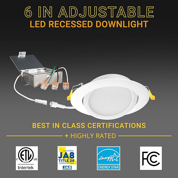 NUWATT 12 Pack 6 inch Gimbal LED Recessed Light Canless Wafer Lights, 5CCT 2700K/3000K/3500K/4000K/5000K, Dimmable 1050LM 12W, Adjustable LED Eyeball Light Angled Recessed Lighting, Metal Junction Box