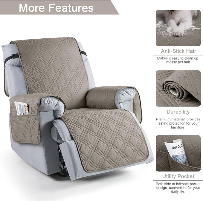 TAOCOCO 100% Waterproof Recliner Chair Cover, Oversized Recliner Covers for Large Recliner Chair with Double Straps, Non Slip Reclining Chair Cover for Kids, Pets(28'', Light Brown)