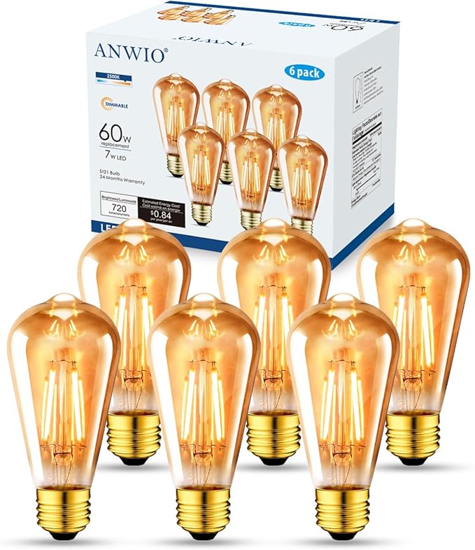 ANWIO Vintage Edison Light Bulb ST21 LED Filament Bulb 7W(60 Watt Equivalent) Dimmable 2500K (Amber Glow) Warm White E26 Medium Base, Amber Glass Cover,6 Pack