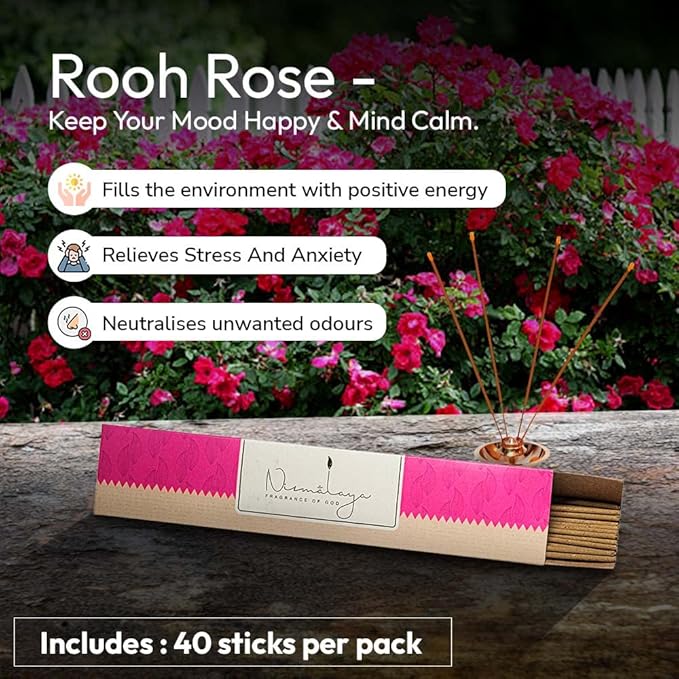 Nirmalaya Luxury Premium Rooh Rose Incense Sticks (Agarbatti) | 100% Natural and Charcoal Free | for Home Fragrance | Sacred and Natural Air Purifiers Organic Incense Sticks | Long Lasting Fragrance