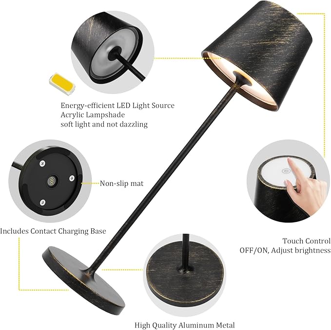 Ralaby IP54 Cordless Table Lamps Portable Rechargeable Battery Operated Lamp Aluminum Dimmable Indoor/Outdoor Cordless Lamp, Desk Lamp for/Restaurant/Camping/Bedroom (2 Pack,Black Brush Gold,4800mAh)