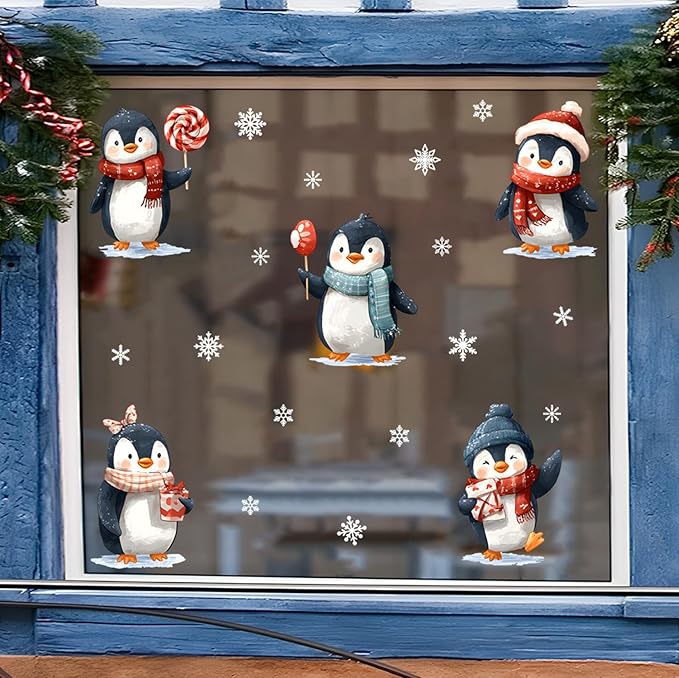 Christmas Penguin Wall Decals Stickers — Cute Winter Penguins with Scarves, Hats, Candy, and Gifts Removable Vinyl Wall Decor for Living Room, Bedroom, Office, Holiday Decoration