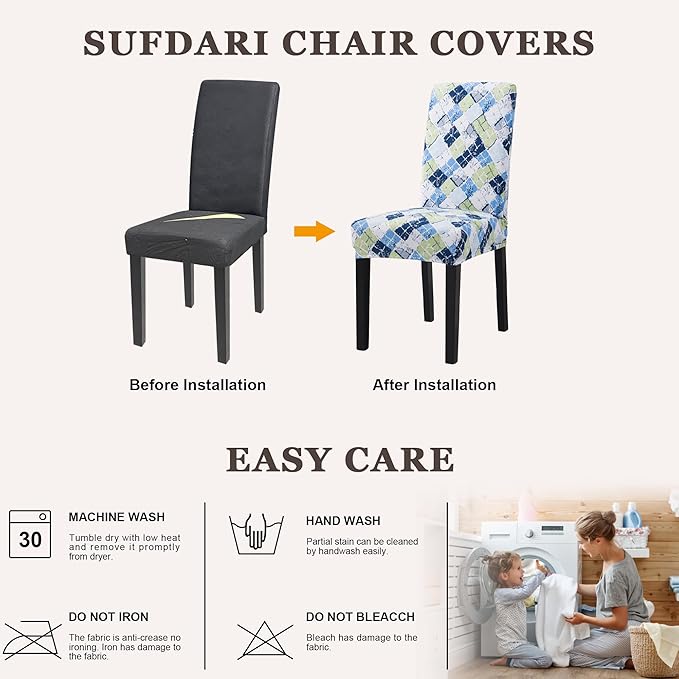 Sufdari Dining Chair Covers,Kitchen Chair Cover,Parsons Chair Slipcover,Spandex Chair Protectors for Dining Room Stretch Chairs Cover Set of 8 -Green Blue Plaid