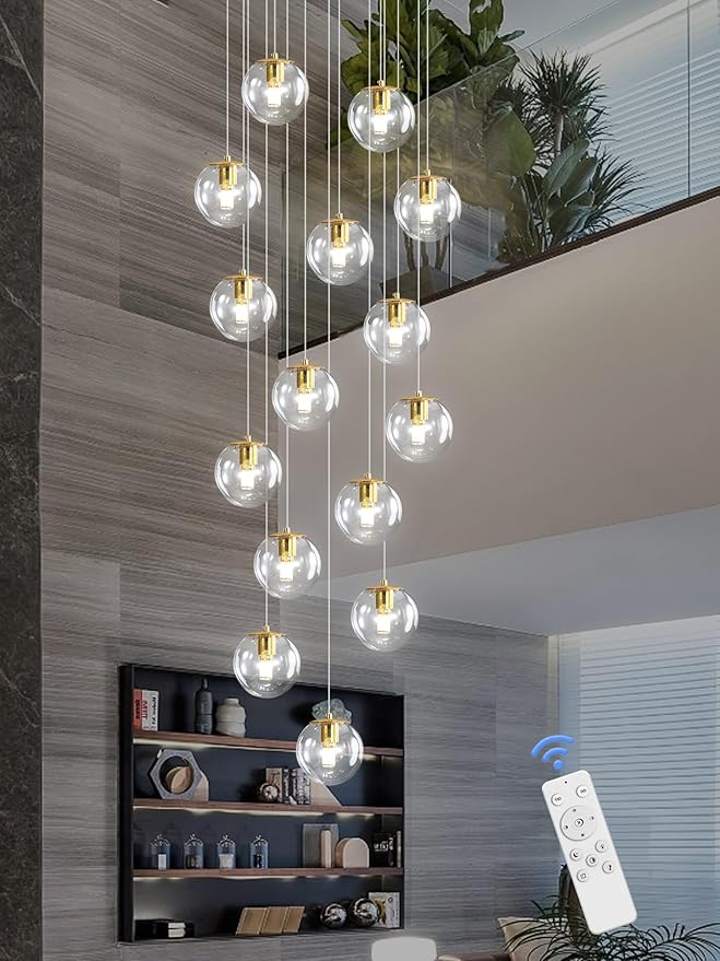 15-Light Gold Chandelier with Globe Glass Dimmable Ceiling Light Glass Pendant Light for Kitchen Island, Dining Room, Living Room, Entry Hallway, LED Bulbs Included