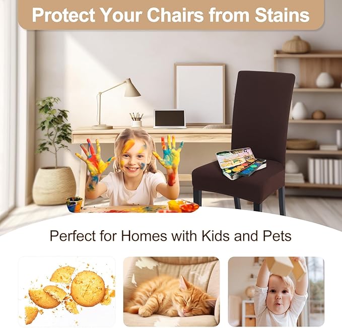 SearchI Chair Covers for Dining Room Set of 4, Stretch Solid Color Kitchen Parsons Chair Covers Washable Spandex Dining Chair Slipcovers Seat Protector for Hotel,Banquet,Ceremony (Chocolate)