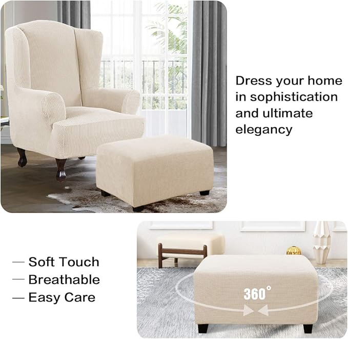 H.VERSAILTEX Ottoman Cover Slipcover Rectangle Fit Length 29'-34' Footrest Sofa Slipcovers Stool Cover Footstool Protector Covers Feature Stretch Thick Jacquard Fabric Removable Washable - Natural