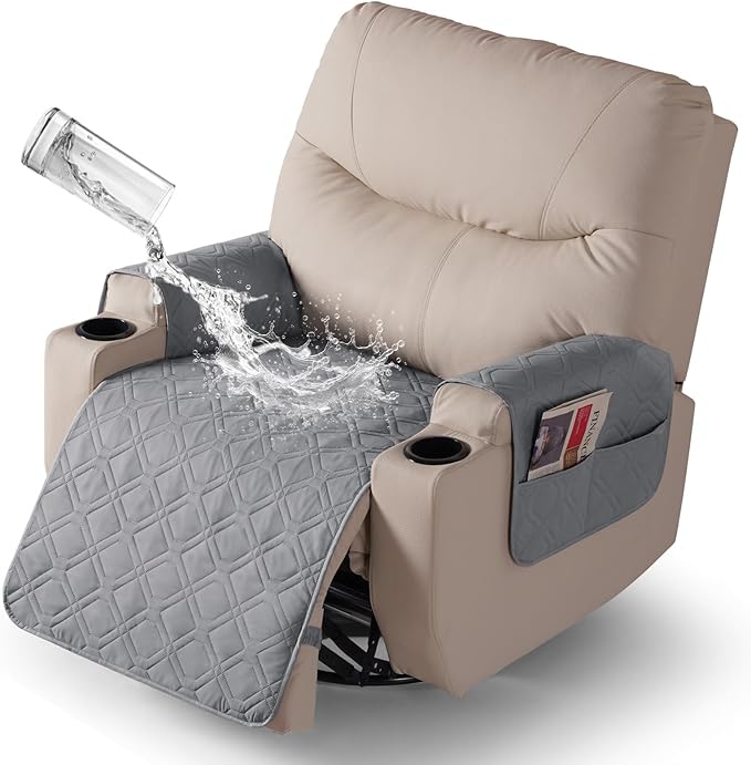 VANSOFY Recliner Chair Covers 100% Waterproof Seat Cover with Arm Reclining Cover Non-Slip Recliner Chair Covers Furniture Protector Washable Slipcover with Pocket for Pets, Dogs(Light Gray, 25")