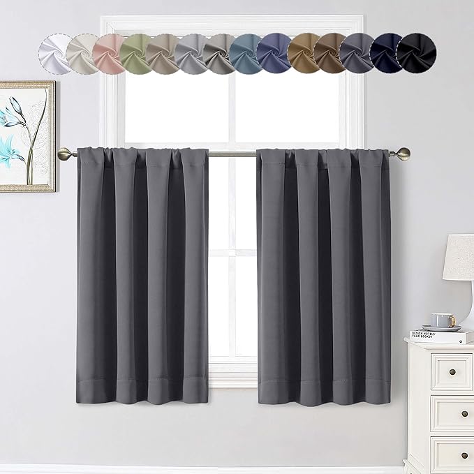Grey Cafe Blackout Curtains 36 Inch Length 2 Panels Set, Soft Solid Thermal Insulated Room Darkening Small Window Curtains for Kitchen Bathroom Basement, Grey, Each, 40" Wx36 L