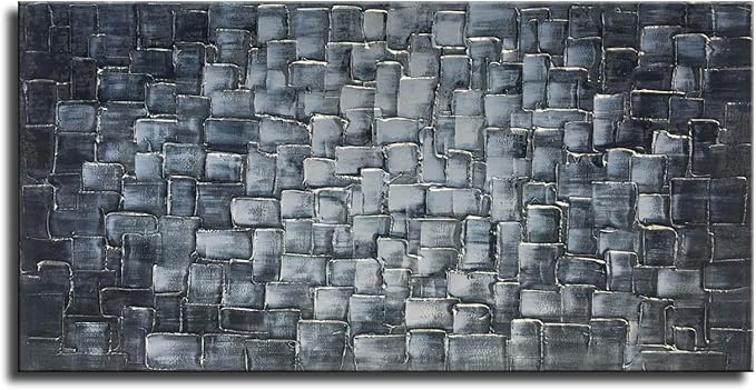 MyArton Textured Abstract Squares Canvas Wall Art Hand Painted Modern Silver Oil Painting for Decoration Ready to Hang 48x24inch