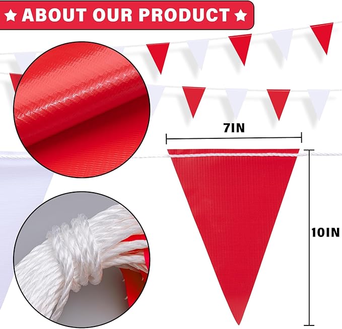 105ft Pennant Banner Flags, 7x10 Red and White 45 Pcs High Visibility Safety Flagging on String, Triangle Pool Flag for Backstroke, Construction Events Party Decoration Parking Marking Outside