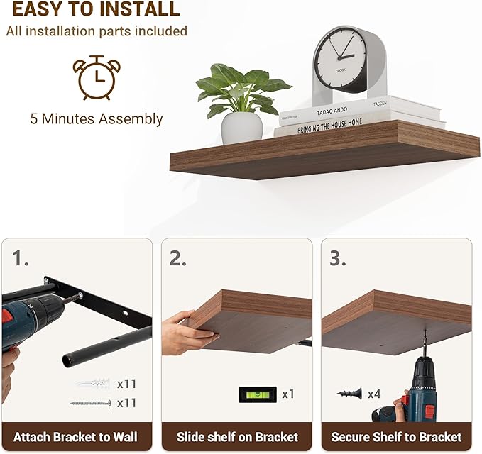 55 Inch Floating Shelves, 55"x9.25"x1.5" Inch Deep Floating Shelves for Wall, Wooden Shelves for Bathroom, Bedroom, Living Room, Walnut,1 Piece