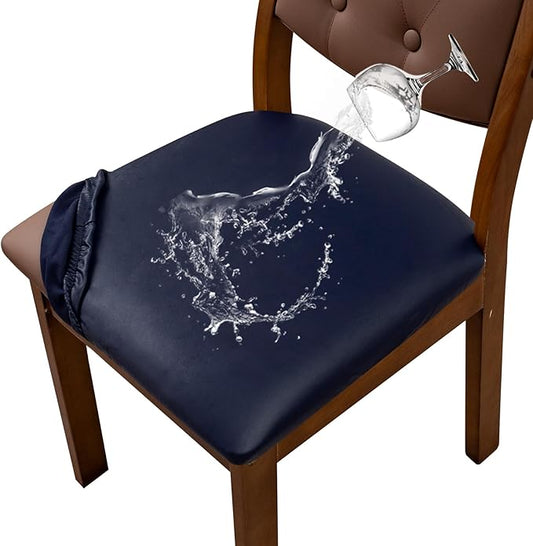 Waterproof PU Leather Seat Covers for Dining Room Chairs Set of 2, Stretch Dining Chair Slipcovers, Kitchen Chair Seat Covers, Non-Slip & Washable (Navy)