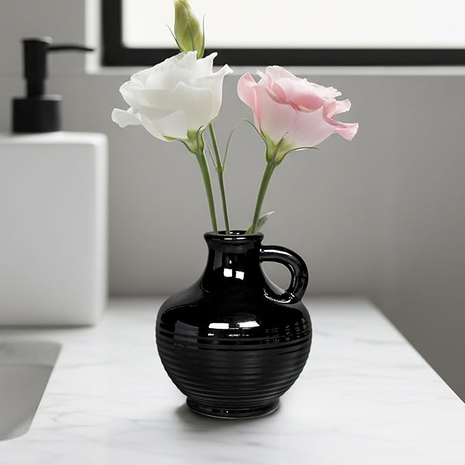 Sunddo Black Ceramic Vases Home Décor- 6 Inch Small Modern Decorative Vase with Handle, Black Decor, Table Mantle Fireplace Living Room Bathroom Wedding Centerpiece