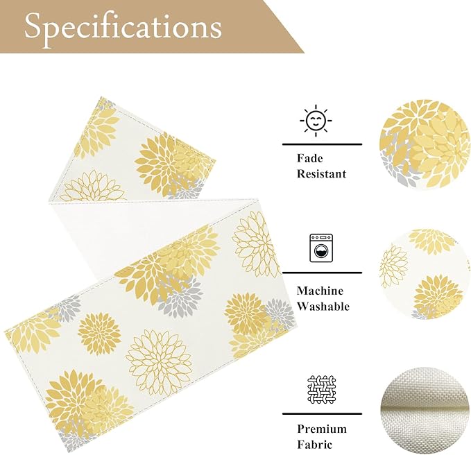Yellow Gray Table Runner Dahlia Pinnata Flower Beige Table Runners Modern Elegant Pompon Farmhouse Geometric Table Center Decor for Girls Room Dining Party Patio (13 x 48 Inch)
