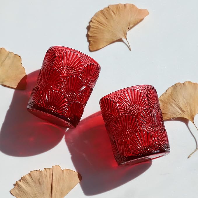 Woho Red Votive Candle Holders Set of 24 Boho Style, Ginkgo Leaves Pattern Tealight Candle Holder for Wedding Table Decor, Vintage Glass Tea Lights Candle Holder for Christmas/Vantines Day Decorations