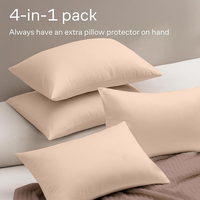 Ultra Soft Pillow Protectors with Zipper Queen Size - Set of 4 Breathable Pillow Covers - 100% Protection Against Stains, Dust & Dirt - Machine Washable (Beige)