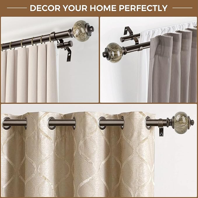 KAMANINA 1 Inch Double Curtain Rod 66 to 120 Inches (5.5-10ft), Bronze Telescoping Curtain Rods for Windows 54 to 115 inches, Heavy Duty Dual Drapery Rods with Marbled Finials