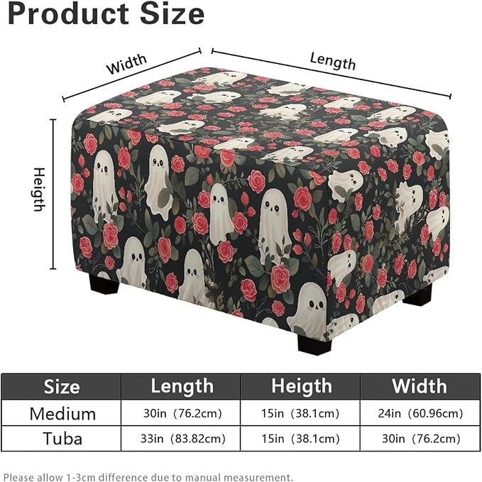 Halloween Rose Ghost Ottoman Cover - Scary Print Stretch Slipcover with Non-Slip Elastic Bottom, Fits Rectangular Storage Footstools, 33x30x15 Inch Holiday Party Decor