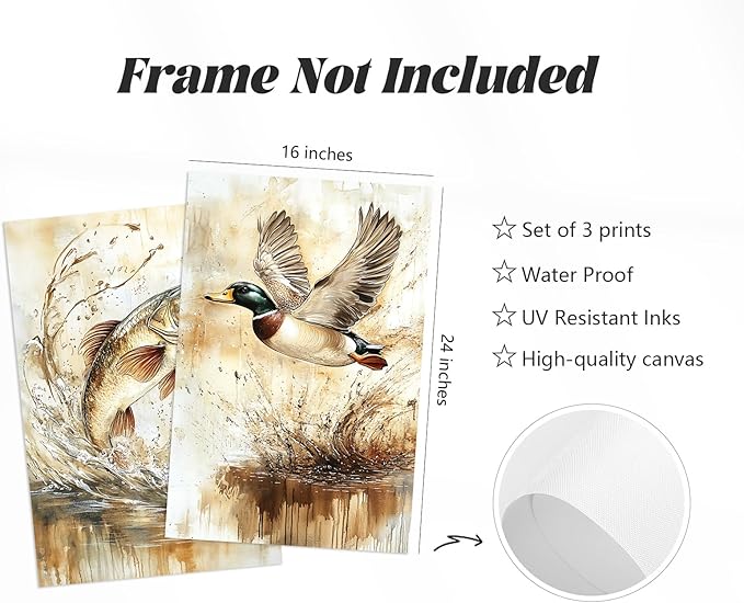 Vintage Animal Wall Art Baby Boy Room Canvas Wall Decor Farmhouse Animal Posters Kids Nursery Hunting Art Prints Rustic Deer Fish Pictures Mallard Duck Painting for Bedroom 16x24 Inch Unframed 3pcs