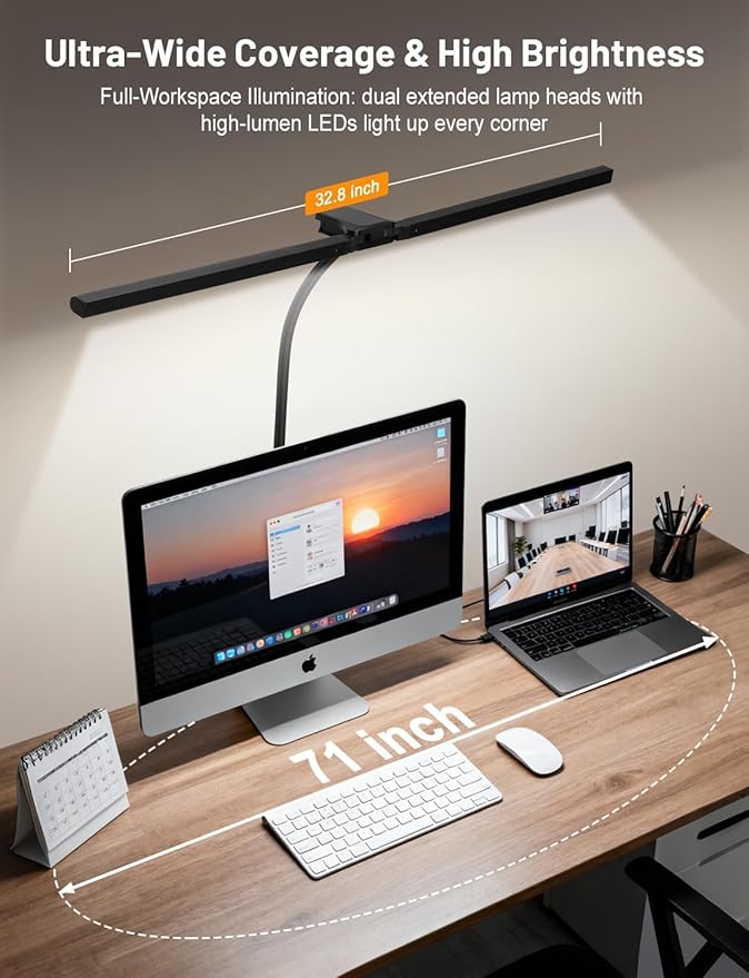 Computer Desk Lamp with Clamp for Home Office, Eye-Caring Architect Lamp, Dimmable Table Clip Lamp for Dual Screen Computer Monitor, Adjustable Color Lighting Mode LED Monitor Light