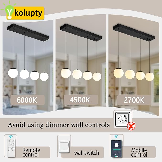 Dining Room Light Fixture 4-Light Black Kitchen Island Lighting Globe Glass Chandeliers for Dining Room Over Table Pendant Light Fixture for Living Room Hallway Bedroom