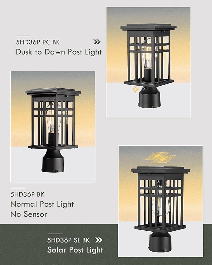 HWH INVESTMENT Outdoor Post Lantern Dusk to Dawn, Patio Pole Lamp Post for Yard Garden, Waterproof Exterior Lamp Post Lantern with Photocell Sensor, Clear Glass, 5HD36P PC BK