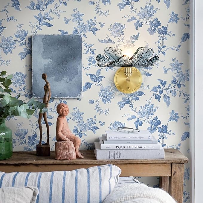Vintage Bathroom lighting fixtures Gold Bathroom Vanity Light Hand Blown 1-Light Modern Wall Sconce Indoor Wall Light with Blue Glass Shade Mid Century Wall Lighting for Bedroom Hallway Living Room
