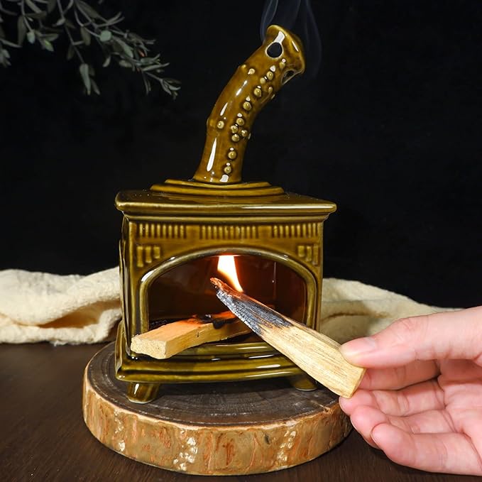 Handcrafted Dark Green Ceramic Palo Santo Holder & Incense Burner - Compact Meditation Accessory for Burning of Palo Santo Sticks & Cones - Zen-Inspired Home Decor Gift for Energy Cleansing